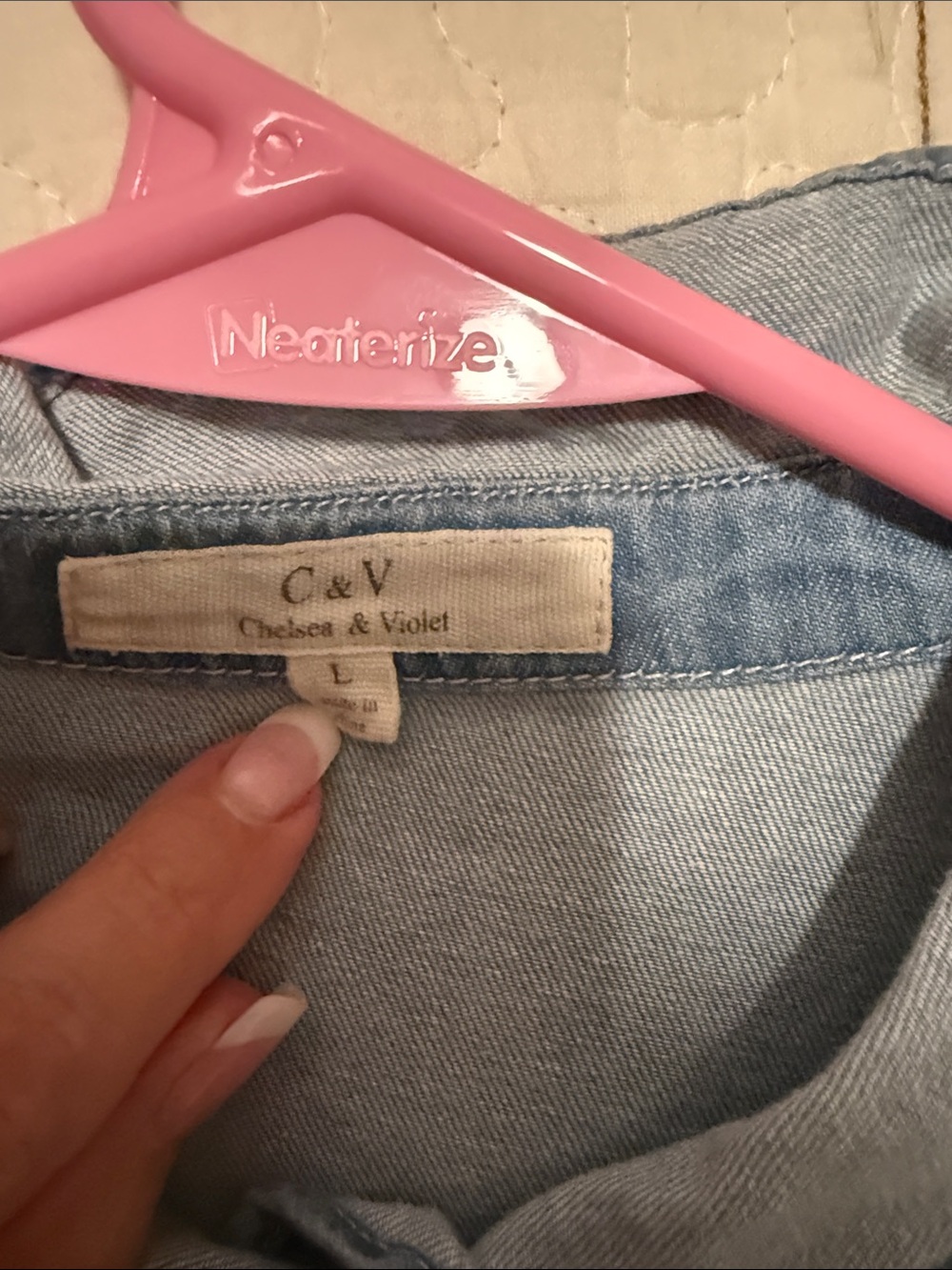 Light Blue Denim Ruffle-Front Button-Down Shirt - Picture 4 of 4